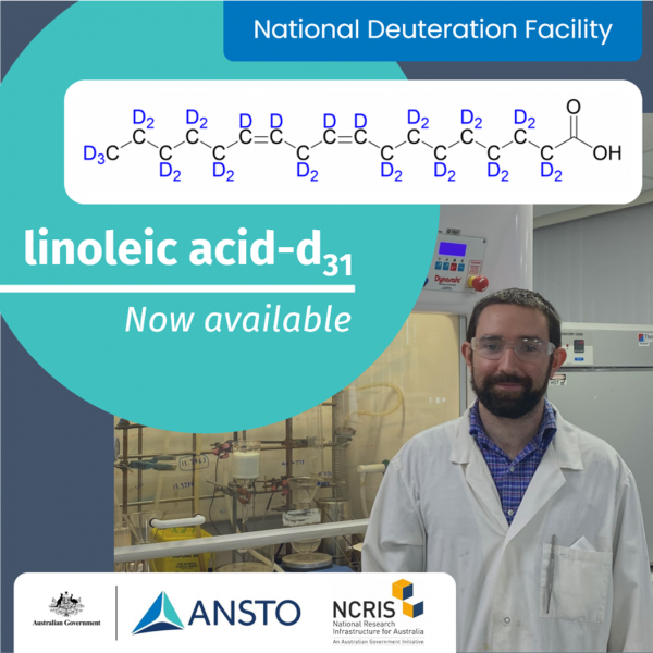 Michael Moir in chemistry lab with chemical structure of deuterated linoleic acid