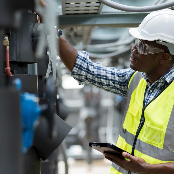 Male plumber engineer working at sewer pipes area at construction site. African American male engineer worker check or maintenance sewer pipe network system at construction site