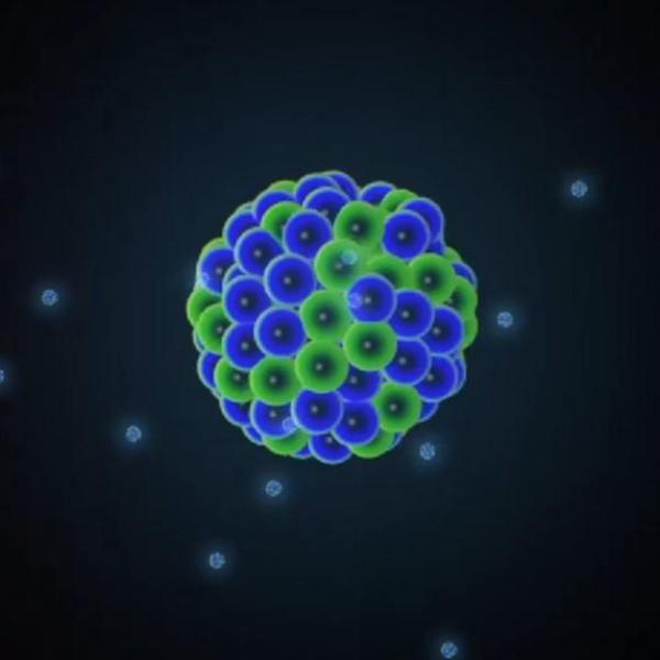 An image of an atom, with protons, neutrons and electrons.