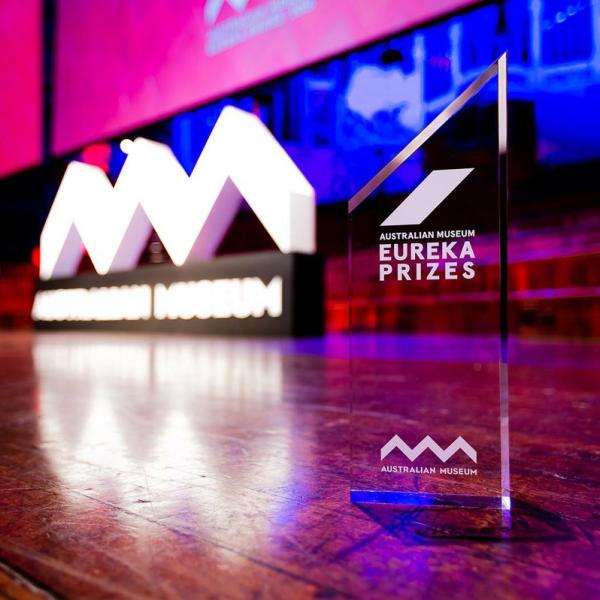 Photo of an award trophy on stage at event