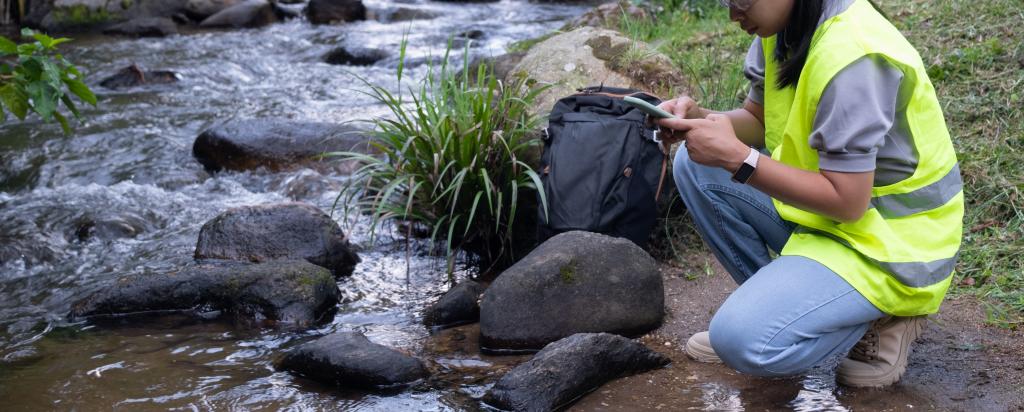 Environmental engineers inspect water quality at natural water sources and record data on smartphones. Woman scientist and environmental issues. 