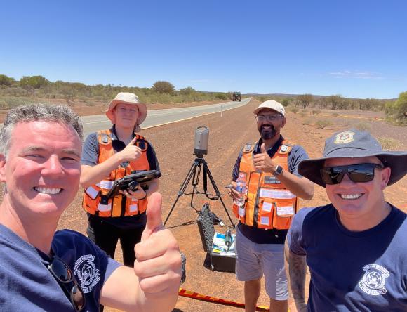 - Successful search team, ANSTO's Dr Lachlan Chartier, Prashant Majaraji and Jason Paull with Dom Reay from WA Dept of Fire and Emergency Services.