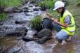 Environmental engineers inspect water quality at natural water sources and record data on smartphones. Woman scientist and environmental issues. 