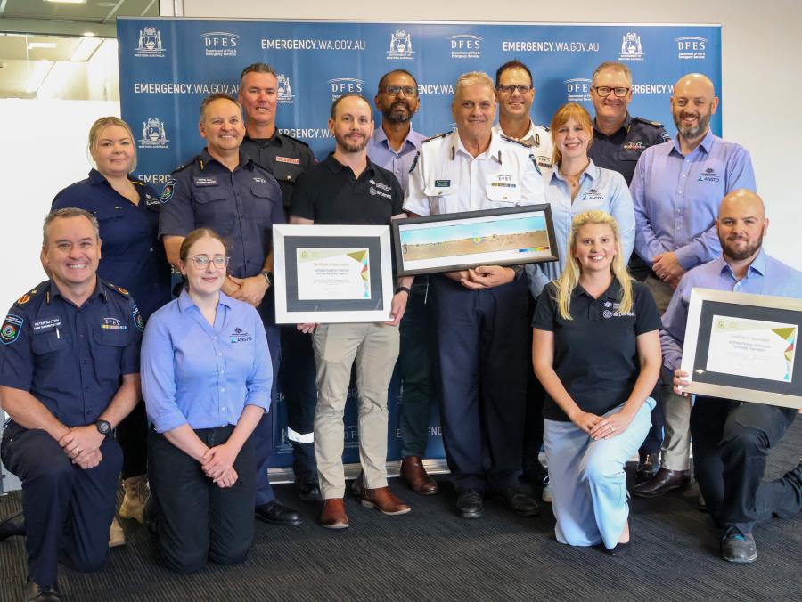 Radioactive Capsule Certificate. Representatives from DFES, ARPANSA, and ANSTO pictured accepting the certificate of appreciation from DFES Deputy Commissioner Operations, Craig Waters AFSM.